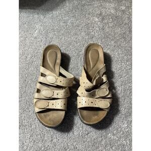 Vintage Y2K 90s Platform Slides Chunky Strap Sandals Leather Tan Womens Size 10W